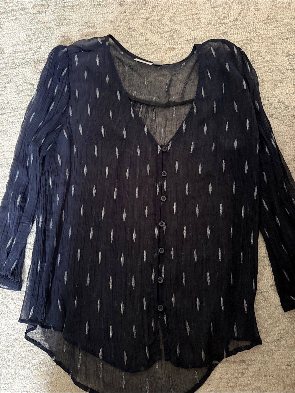 hinge Black Sheer Button-Down Top with Silver Dot Motif